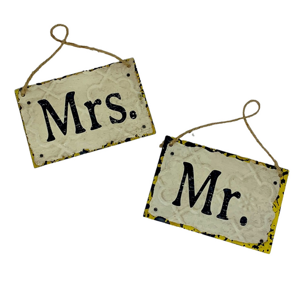 Mr. & Mrs. Embossed Tin Wood Signs w/ Twine Hangers - Picture 1 of 4